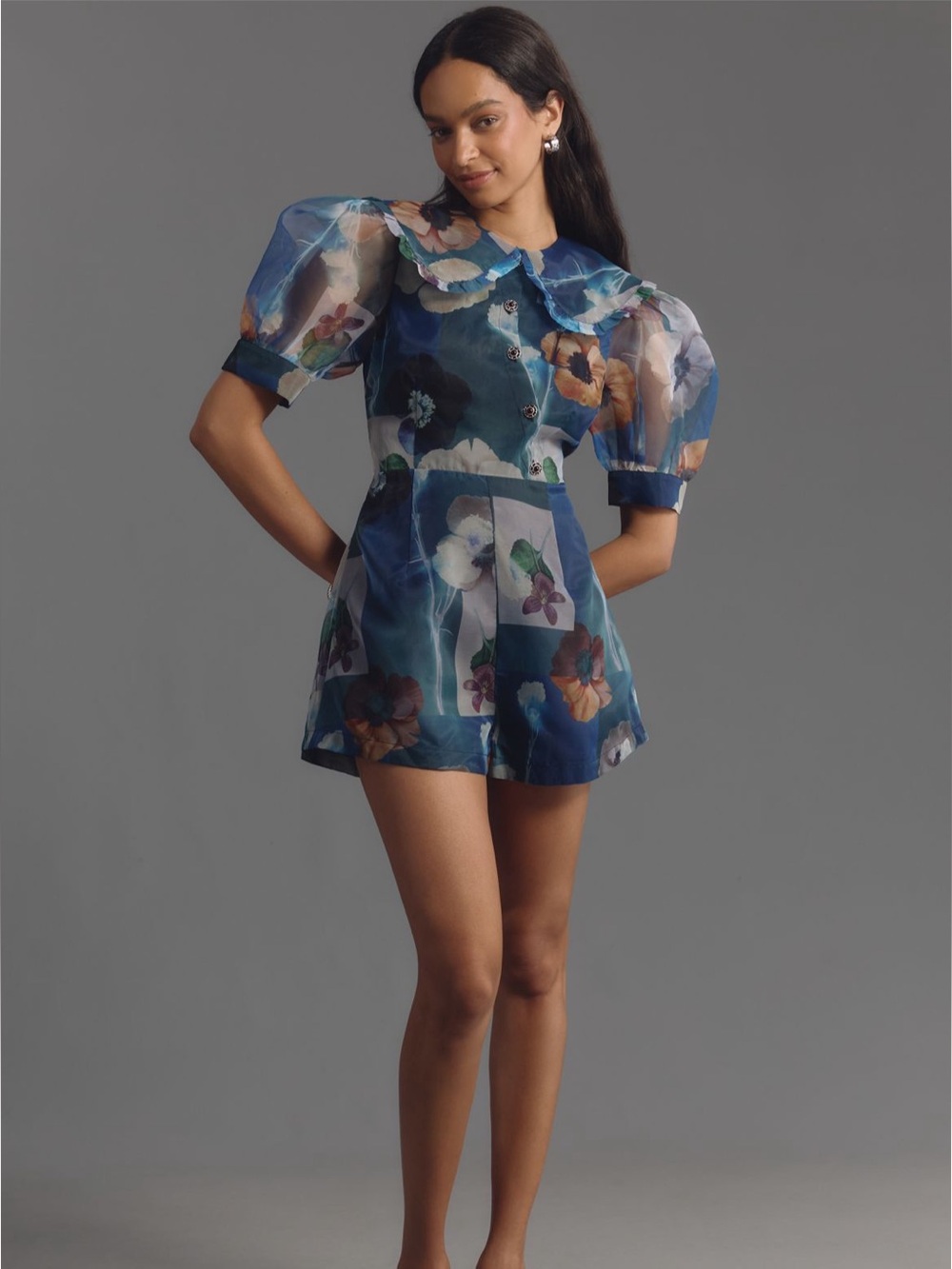 Maeve Puff Sleeve Collared Organza Romper